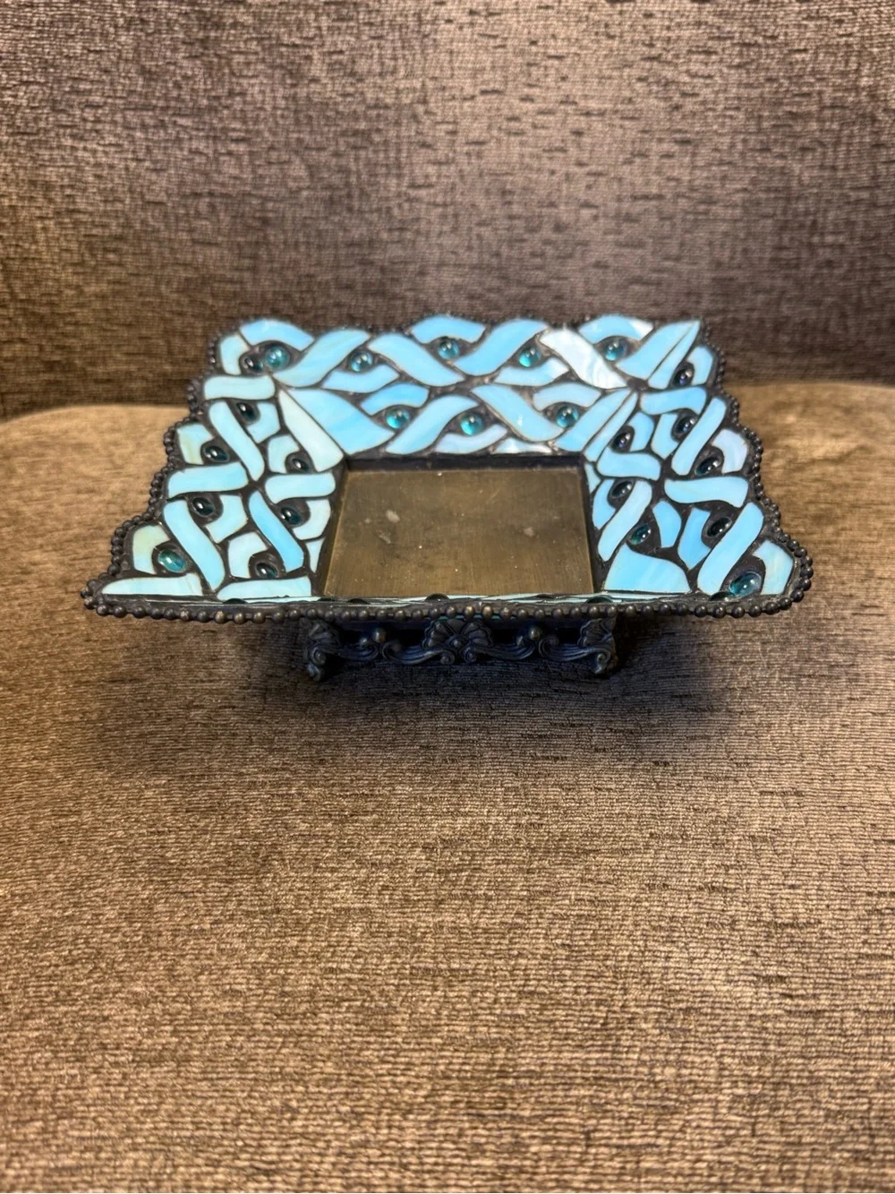 Retired PartLite Spring Water Pillar Candle Holder Tiffany-Style Blue Glass